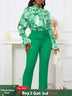 Chic Elegant Women Two Pieces Set Lace Up Bow Long Sleeve Printed Blouse Pants Green / S