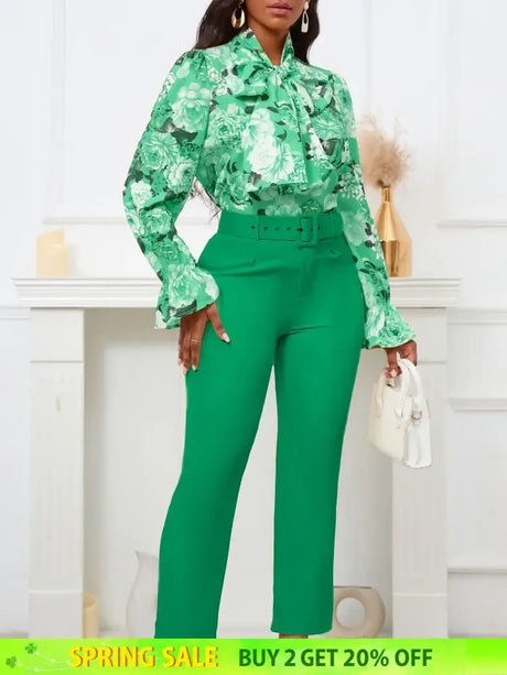 Chic Elegant Women Two Pieces Set Lace Up Bow Long Sleeve Printed Blouse Pants Green / S