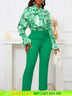Chic Elegant Women Two Pieces Set Lace Up Bow Long Sleeve Printed Blouse Pants Green / S