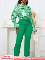 Chic Elegant Women Two Pieces Set Lace Up Bow Long Sleeve Printed Blouse Pants Green / S