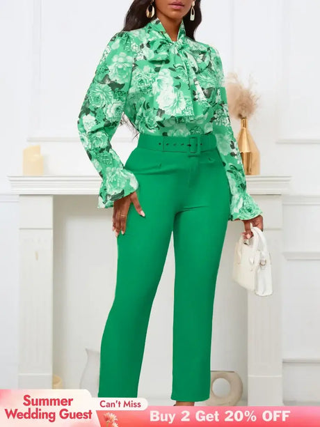 Chic Elegant Women Two Pieces Set Lace Up Bow Long Sleeve Printed Blouse Pants Green / S