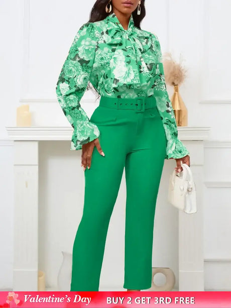 Chic Elegant Women Two Pieces Set Lace Up Bow Long Sleeve Printed Blouse Pants Green / S