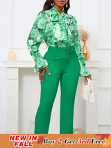 Chic Elegant Women Two Pieces Set Lace Up Bow Long Sleeve Printed Blouse Pants Green / S