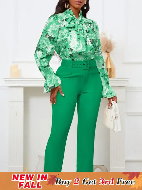 Chic Elegant Women Two Pieces Set Lace Up Bow Long Sleeve Printed Blouse Pants Green / S