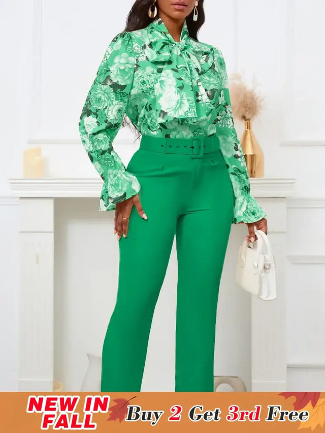 Chic Elegant Women Two Pieces Set Lace Up Bow Long Sleeve Printed Blouse Pants Green / S