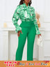 Chic Elegant Women Two Pieces Set Lace Up Bow Long Sleeve Printed Blouse Pants Green / S