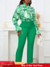 Chic Elegant Women Two Pieces Set Lace Up Bow Long Sleeve Printed Blouse Pants Green / S