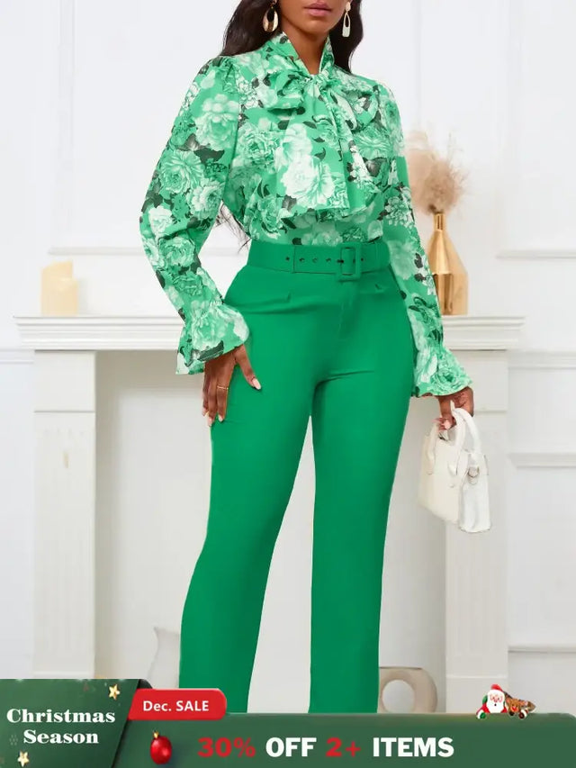Chic Elegant Women Two Pieces Set Lace Up Bow Long Sleeve Printed Blouse Pants Green / S