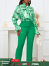 Chic Elegant Women Two Pieces Set Lace Up Bow Long Sleeve Printed Blouse Pants Green / S