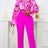 Chic Elegant Women Two Pieces Set Lace Up Bow Long Sleeve Printed Blouse Pants Rose / S