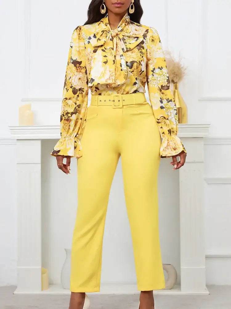 Chic Elegant Women Two Pieces Set Lace Up Bow Long Sleeve Printed Blouse Pants Yellow / S