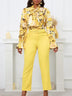 Chic Elegant Women Two Pieces Set Lace Up Bow Long Sleeve Printed Blouse Pants Yellow / S