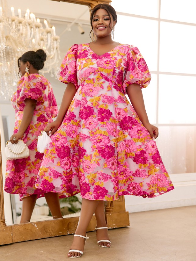 Jacquard pink flower dresses for women