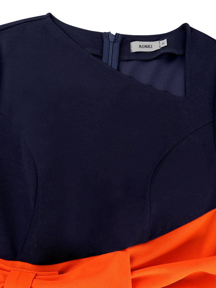 AOMEIDRESS Elegant Color Block Bow Long Sleeve Dress for Party Office