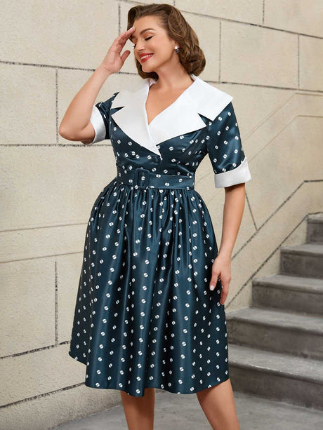 AOMEIDRESS Floral Print Turn Down Collar Short Sleeve A Line Dress