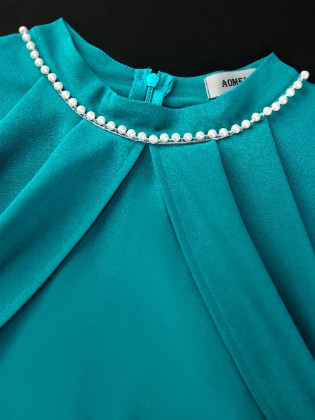 AOMEIDRESS Green Fishtail Dress Half High Collar Beading Cloak Sleeve