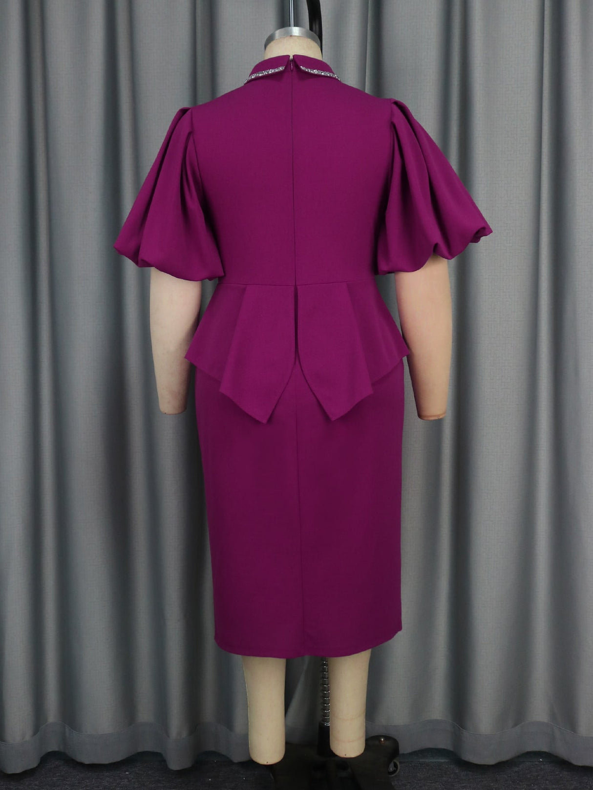 AOMEIDRESS Purple Red Business Dinner Outfit Mandarin Collar Puff Sleeve
