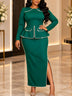 AOMEIDRESS Elegant Bodyycon Dress O Neck Long Sleeve Beading Peplum