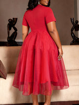AOMEIDRESS A Line Dress V Neck Short Sleeves Beading Peplum Mesh Hem
