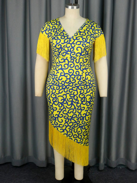yellow printed tassel party dress for women