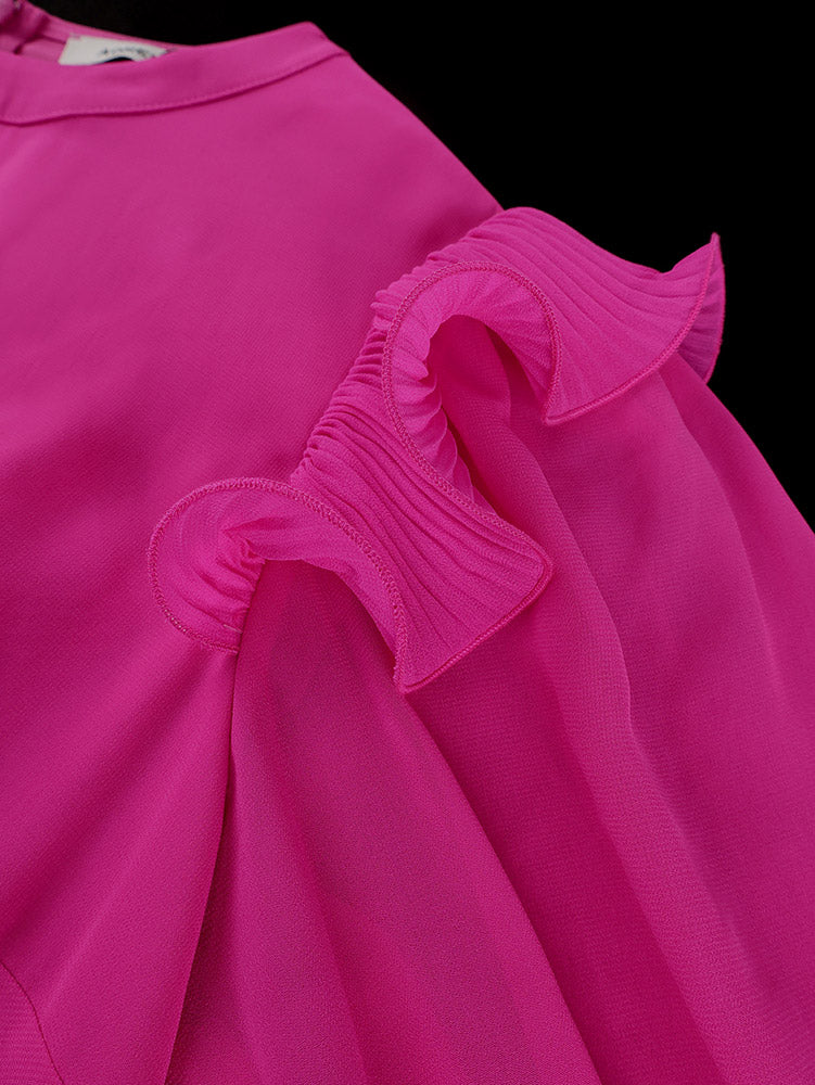 AOMEIDRESS Chiffon Dress Cut Out Neck 3/4 Ruffles Puff Sleeves Belt