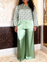 AOMEIDRESS Two Piece Set Button Patchwork Printed Shirt Wide Leg Pants