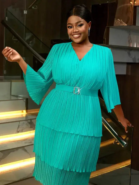 AOMEIDRESS Lake Green Dresses for Wedding A Line Mid Calf V Neck Pleated