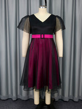 AOMEIDRESS Elegant Colorblock A Line Party Dress V Neck Waist Belt