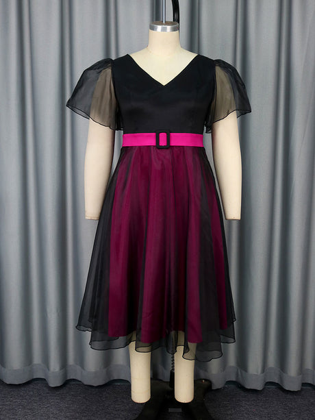 AOMEIDRESS Elegant Colorblock A Line Party Dress V Neck Waist Belt