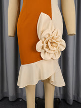 AOMEIDRESS Colorblock Mermaid Dress O Neck Short Sleeve Big 3D Flower