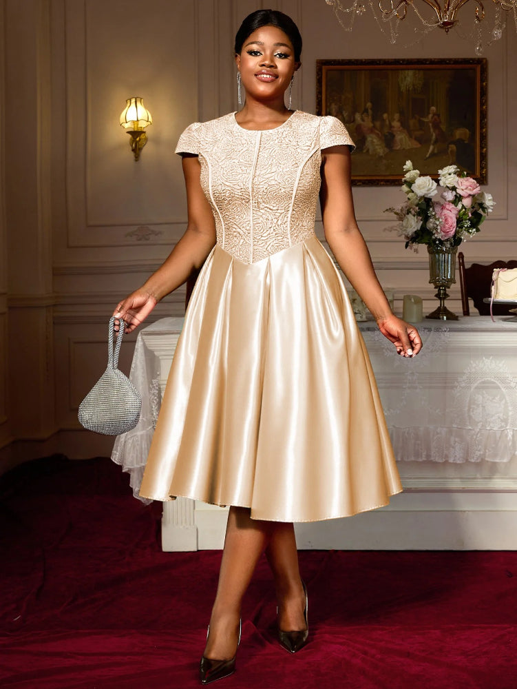 AOMEIDRESS Elegant A Line Midi Jacquard Wedding Dress Patchwork Satin Skirt