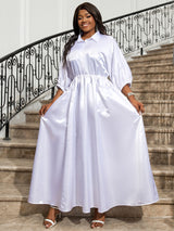 AOMEI White Loose Shirt Dress Maxi Short Lantern Sleeves Waist Elastic Waist Button Turn Down Collar