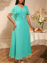 AOMEIDRESS Elegant A Line Chiffon Dress V Neck Butterfly Sleeve Gowns
