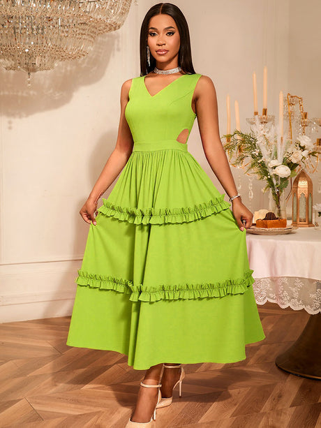AOMEIDRESS A Line Maxi Party Dress Sleeveless Cut Out Ruffle Design