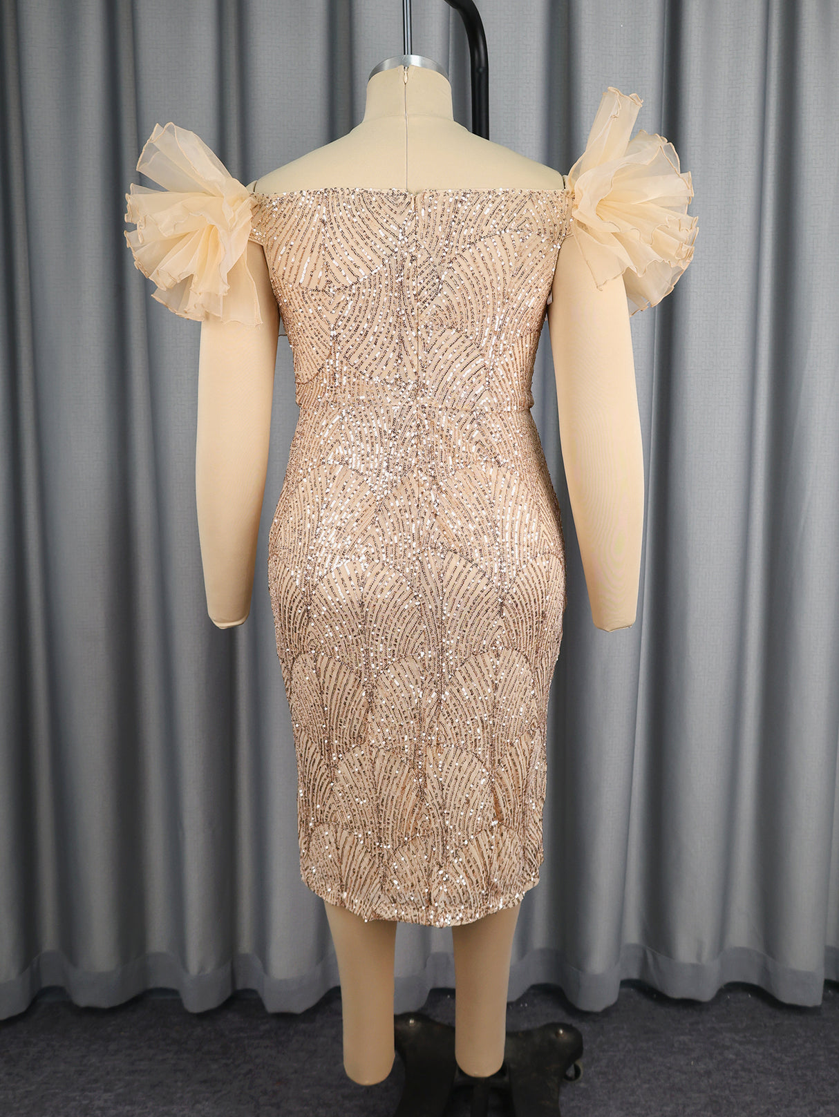 AOMEIDRESS Shiny Sequins Wedding Guest Dresses Slash Neck 3D Ruffles