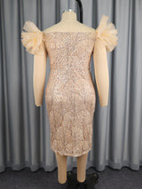 AOMEIDRESS Shiny Sequins Wedding Guest Dresses Slash Neck 3D Ruffles