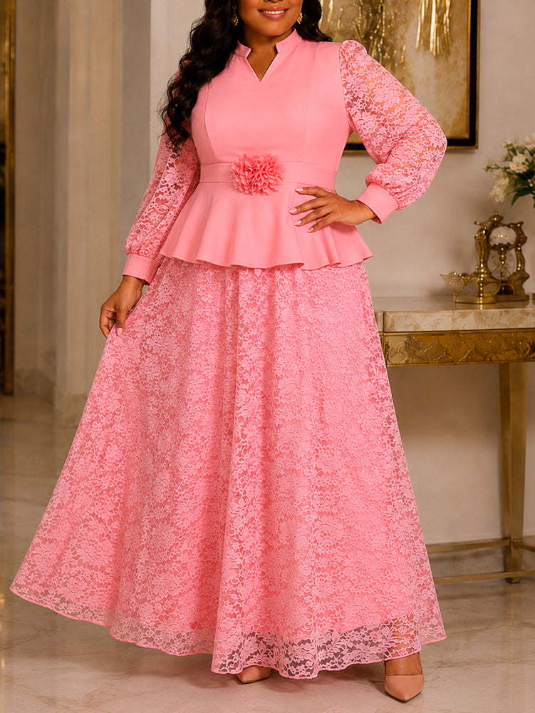 AOMEIDRESS Plus Size Church Two Piece Set Peplum Top with Lace Skirt