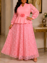 AOMEIDRESS Plus Size Church Two Piece Set Peplum Top with Lace Skirt