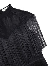AOMEIDRESS Chic Black Fringe Dress Sheer Neckline Package Hip Gowns
