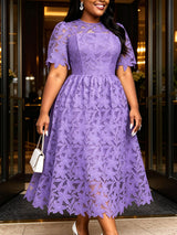 AOMEIDRESS Elegant A Line Lace Dress O Neck Hollow Out Short Sleeves