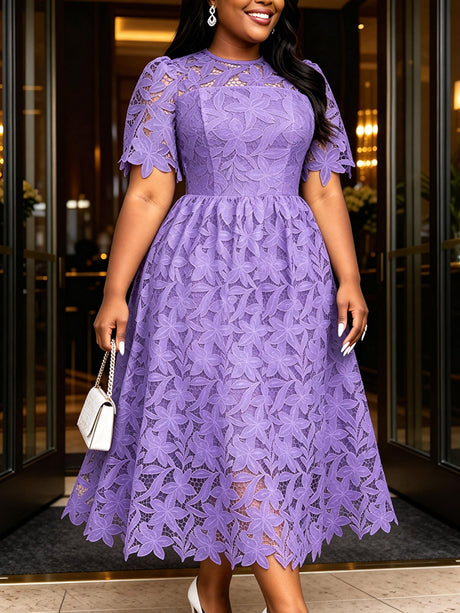 AOMEIDRESS Elegant A Line Lace Dress O Neck Hollow Out Short Sleeves