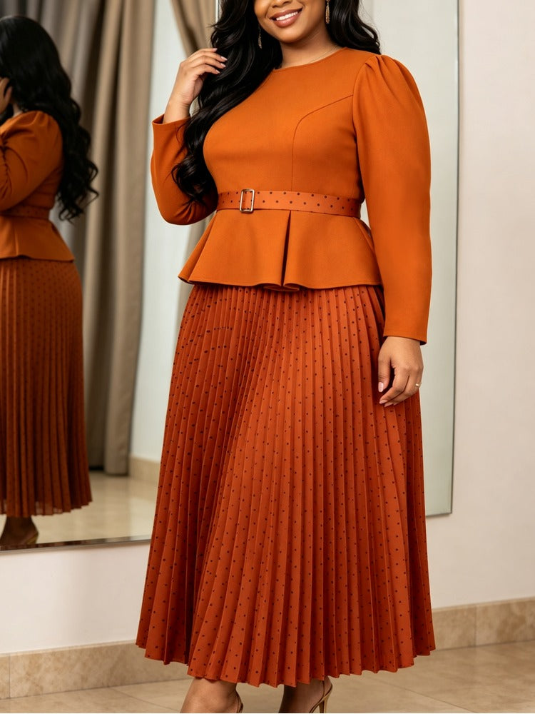 AOMEIDRESS Two Piece Set O Neck Long Sleeves Belt Top Pleated Skirt