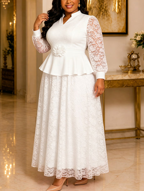 AOMEIDRESS Plus Size Church Two Piece Set Peplum Top with Lace Skirt