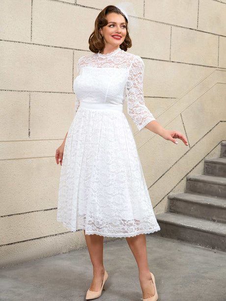 AOMEIDRESS Vintage Style White Lace Dress with Long Sleeves for Women White / S