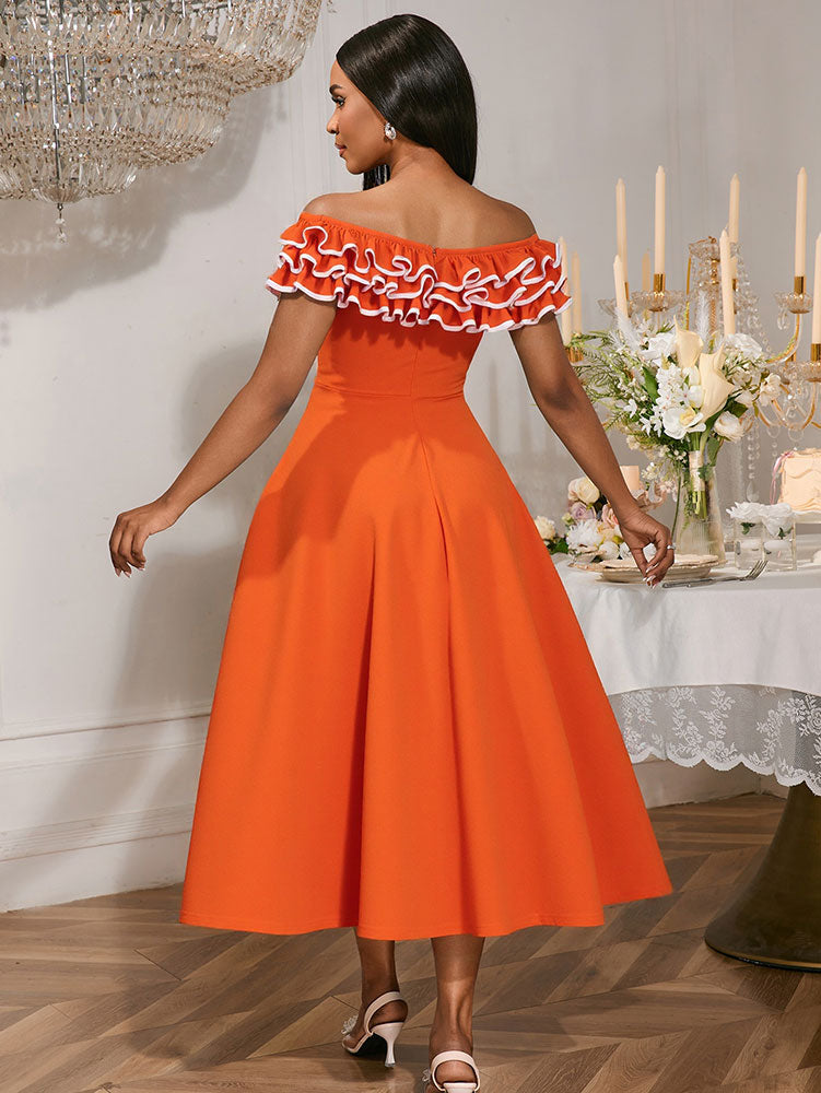 AOMEIDRESS Orange A Line Off Shoulder Dress Slash Neck 3D Ruffles