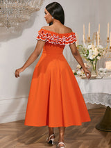 AOMEIDRESS Orange A Line Off Shoulder Dress Slash Neck 3D Ruffles