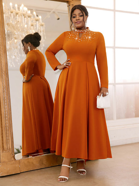 AOMEIDRESS Elegant Beaded A Line Church Dress Pleated Half High Collar