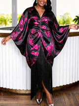AOMEIDRESS Satin Printer BuBu Dress V Neck Long Batwing Sleeve Fringe
