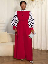 AOMEIDRESS Elegant Yellow Wide Leg Jumpsuit Contrast Dot Puff Sleeves