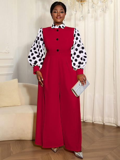 AOMEIDRESS Elegant Yellow Wide Leg Jumpsuit Contrast Dot Puff Sleeves